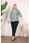 Kadın Desenli Püsküllü Viskon Bluz Bebe Yaka Kısa Kollu Big Size Rahat Kesim - Desenli