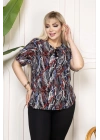 Kadın Desenli Püsküllü Viskon Bluz Bebe Yaka Kısa Kollu Big Size Rahat Kesim - Desenli