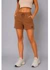 Kadın Dokuma Kumaş Cepli Bağcıklı Regular Fit Yazlık Şort - Kahverengi
