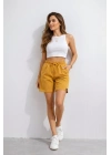 Kadın Dokuma otoban Şort Beli Lastikli Bağcıklı, Cepli, Rahat Kesim Günlük Yazlık Şort - Hardal