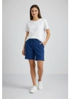 Kadın Dokuma otoban Şort Beli Lastikli Bağcıklı, Cepli, Rahat Kesim Günlük Yazlık Şort - İndigo