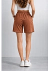 Kadın Dokuma otoban Şort Beli Lastikli Bağcıklı, Cepli, Rahat Kesim Günlük Yazlık Şort - Kahverengi