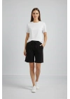 Kadın Dokuma otoban Şort Beli Lastikli Bağcıklı, Cepli, Rahat Kesim Günlük Yazlık Şort - Siyah