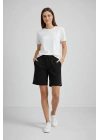 Kadın Dokuma otoban Şort Beli Lastikli Bağcıklı, Cepli, Rahat Kesim Günlük Yazlık Şort - Siyah