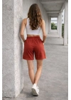 Kadın Dokuma otoban Şort Beli Lastikli Bağcıklı, Cepli, Rahat Kesim Günlük Yazlık Şort - Turuncu