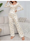 Kadın Ekru Ayıcık ve Fiyonk Desenli Yumuşak Pamuklu Uzun Pijama Takımı 5129
