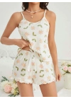 Kadın Ekru Çiçek Baskılı Şortlu Gecelik Pijama Takımı 5047