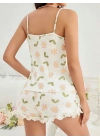 Kadın Ekru Çiçek Baskılı Şortlu Gecelik Pijama Takımı 5047