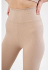 Kadın Fitilli Full Likralı Yüksek Bel Toparlayıcı Tayt Günlük ve Spor Kullanım - Bej