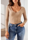 Kadın Fitilli Kaşkorse V Yaka Uzun Kollu Body Bluz Slim Fit - Bej