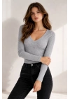 Kadın Fitilli Kaşkorse V Yaka Uzun Kollu Body Bluz Slim Fit - Gri