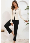 Kadın Fiyonklu Uzun Kollu Ekru Üst Siyah Alt Pijama Takımı