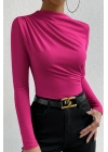 Kadın Fuşya Belden ve Boyundan Büzgü Detaylı Uzun Kollu Bluz