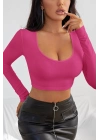 Kadın Fuşya Uzun Kol Kare Yaka Crop Top Bluz