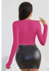 Kadın Fuşya Uzun Kol Kare Yaka Crop Top Bluz