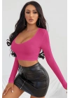 Kadın Fuşya Uzun Kol Kare Yaka Crop Top Bluz