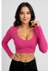 Kadın Fuşya Uzun Kol Kare Yaka Crop Top Bluz – Şık, Rahat ve Kolay Kombinlenebilir