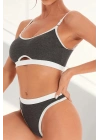 Kadın Gri Antrasit Kaşkorse ve Beyaz Lastikli Cut-Out Tanga Külotlu Takım