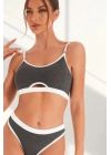Kadın Gri Antrasit Kaşkorse ve Beyaz Lastikli Cut-Out Tanga Külotlu Takım