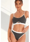 Kadın Gri Antrasit Kaşkorse ve Beyaz Lastikli Cut-Out Tanga Külotlu Takım