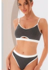 Kadın Gri Antrasit Kaşkorse ve Beyaz Lastikli Cut-Out Tanga Külotlu Takım
