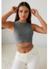 Kadın Gri Çapraz Bağlamalı Crop Top Büstiyer – Modern ve Şık Tasarım