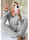 Kadın Gri Çizgili Uzun Kollu Fiyonk Detaylı Pijama Takımı Rahat Mevsimlik