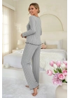 Kadın Gri Çizgili Uzun Kollu Fiyonk Detaylı Pijama Takımı Rahat Mevsimlik