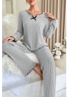 Kadın Gri Çizgili Uzun Kollu Fiyonk Detaylı Pijama Takımı Rahat Mevsimlik