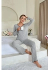 Kadın Gri Çizgili Uzun Kollu Fiyonk Detaylı Pijama Takımı Rahat Mevsimlik