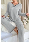 Kadın Gri Çizgili Uzun Kollu Fiyonk Detaylı Pijama Takımı Rahat Mevsimlik