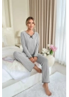 Kadın Gri Çizgili Uzun Kollu Fiyonk Detaylı Pijama Takımı Rahat Mevsimlik