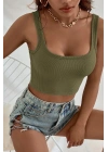 Kadın Haki Yeşili Kalın Askılı Crop Top Büstiyer