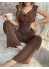 Kadın Kahverengi Kurdela Detaylı Yumuşak Pamuklu Uzun Pijama Takımı 5135