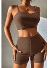 Kadın Kahverengi Şortlu Kaşkorse Gecelik Takım
