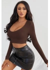Kadın Kahverengi Uzun Kol Kare Yaka Crop Top Bluz