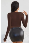 Kadın Kahverengi Uzun Kol Kare Yaka Crop Top Bluz – Şık, Rahat ve Kolay Kombinlenebilir