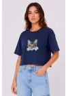 Kadın Kedi Baskılı Oversize Crop Tişört Salaş Basic Yarım Kol T-shirt - Lacivert