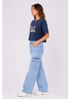 Kadın Kedi Baskılı Oversize Crop Tişört Salaş Basic Yarım Kol T-shirt - Lacivert