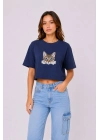 Kadın Kedi Baskılı Oversize Crop Tişört Salaş Basic Yarım Kol T-shirt - Lacivert