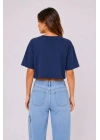 Kadın Kedi Baskılı Oversize Crop Tişört Salaş Basic Yarım Kol T-shirt - Lacivert