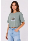 Kadın Kedi Baskılı Oversize Crop Tişört Salaş Basic Yarım Kol T-shirt - Mint Yeşili