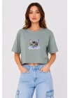 Kadın Kedi Baskılı Oversize Crop Tişört Salaş Basic Yarım Kol T-shirt - Mint Yeşili