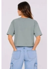 Kadın Kedi Baskılı Oversize Crop Tişört Salaş Basic Yarım Kol T-shirt - Mint Yeşili