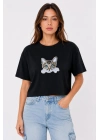 Kadın Kedi Baskılı Oversize Crop Tişört Salaş Basic Yarım Kol T-shirt - Siyah