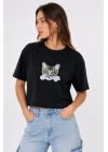 Kadın Kedi Baskılı Oversize Crop Tişört Salaş Basic Yarım Kol T-shirt - Siyah
