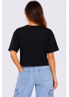 Kadın Kedi Baskılı Oversize Crop Tişört Salaş Basic Yarım Kol T-shirt - Siyah