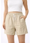 Kadın Keten Kumaş Cepli Rahat Kesim Bel Lastikli Şort - Bej