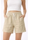 Kadın Keten Kumaş Cepli Rahat Kesim Bel Lastikli Şort - Bej