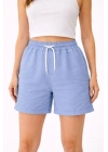 Kadın Keten Kumaş Cepli Rahat Kesim Bel Lastikli Şort - Mavi